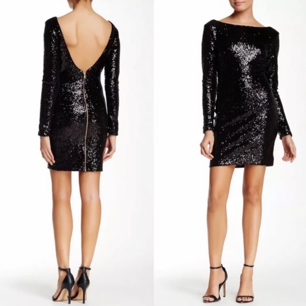 Dress The Population Black Sequin Long Sleeve Low Back Body-con Kelly Dress XS